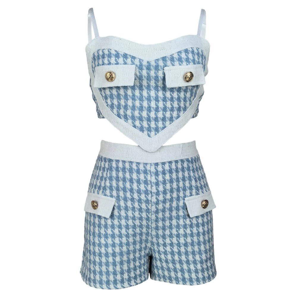 2024 Women's Houndstooth Shorts Set: Sexy Sling Crop Top + Shorts, Clubwear Party Outfit